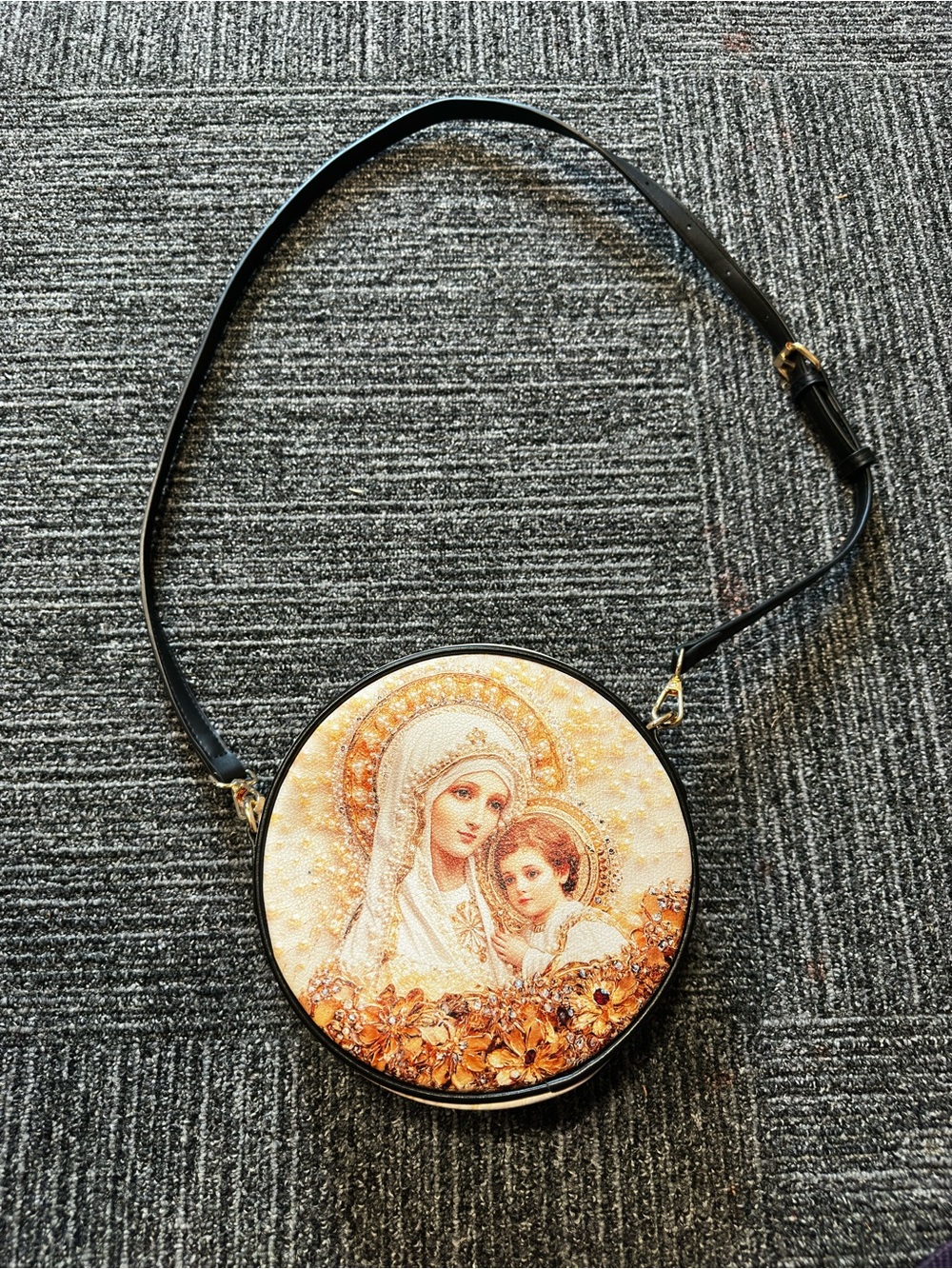 Round Crossbody Bag with Cream and Gold Religious Artwork